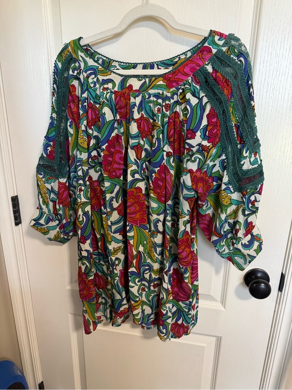 Tru Luxe Jeans Boho Floral Crochet Trim Rayon Blouse XL